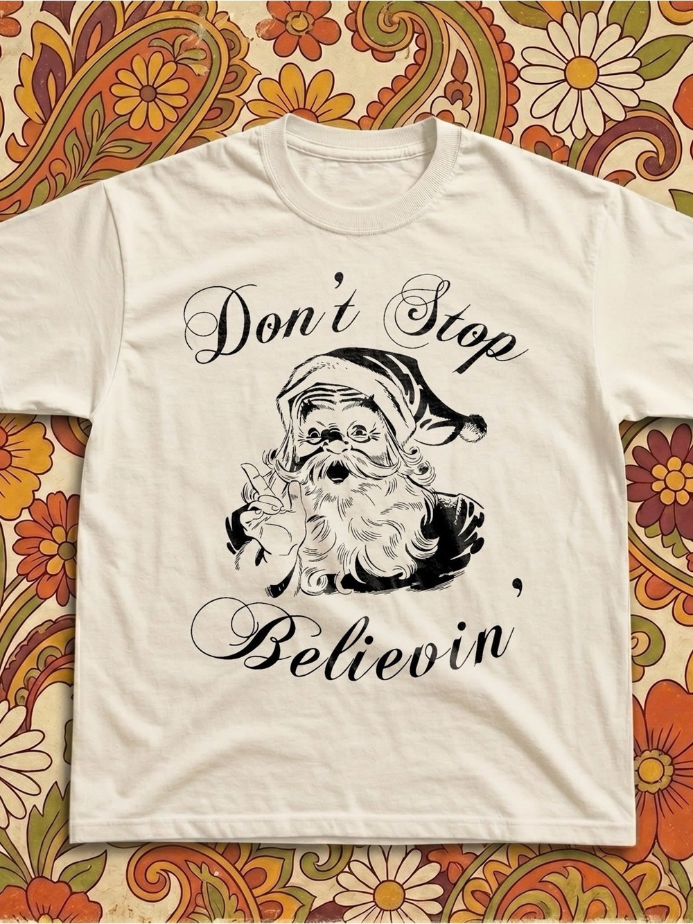 Gildan White Short Sleeve Tee with Black Santa 'Don't Stop Believin'' Script